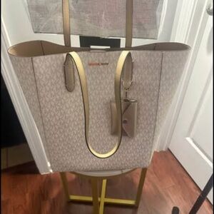 MICHAEL KORS VINCENT LARGE SHOULDER TOTE BAG WITH CARD WALLET MK PALE GOLD MULTI